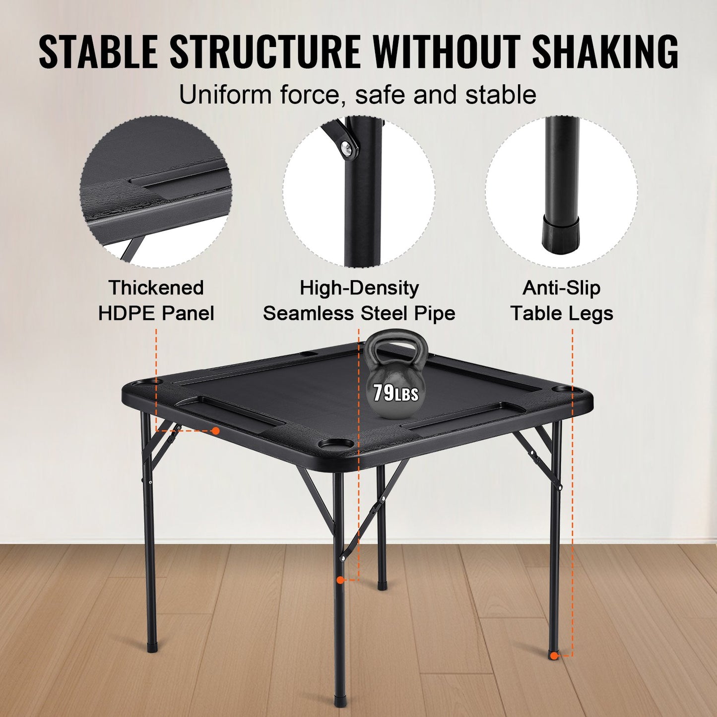 Mahjong Table, Square Folding Card Table for 4 Players with 4 Cup Holders and 4 Chip Trays, Portable Domino Game Table with 1 Set of Dominoes for Mahjong Poke Puzzle, 35.4 x 35.4 inches, Black