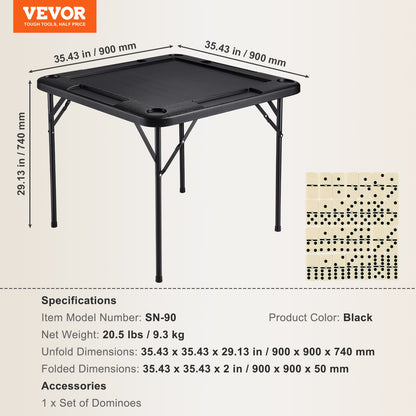 Mahjong Table, Square Folding Card Table for 4 Players with 4 Cup Holders and 4 Chip Trays, Portable Domino Game Table with 1 Set of Dominoes for Mahjong Poke Puzzle, 35.4 x 35.4 inches, Black