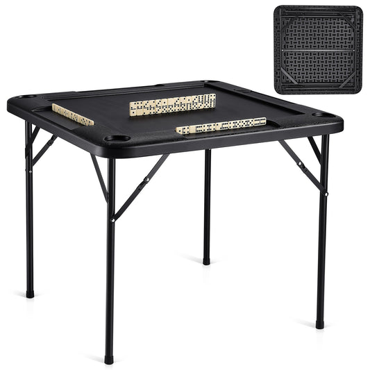 Mahjong-bord, fyrkantigt hopfällbart kortbord för 4 spelare med 4 mugghållare och 4 chipsbrickor, bärbart Domino-spelbord med 1 uppsättning domino för Mahjong Poke-pussel, 35,4 x 35,4 tum, svart