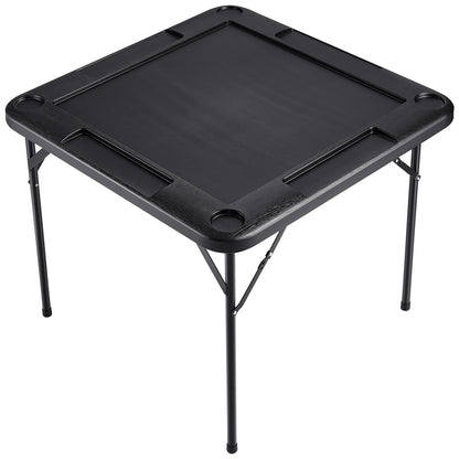 Mahjong Table, Square Folding Card Table for 4 Players with 4 Cup Holders and 4 Chip Trays, Portable Domino Game Table with 1 Set of Dominoes for Mahjong Poke Puzzle, 35.4 x 35.4 inches, Black