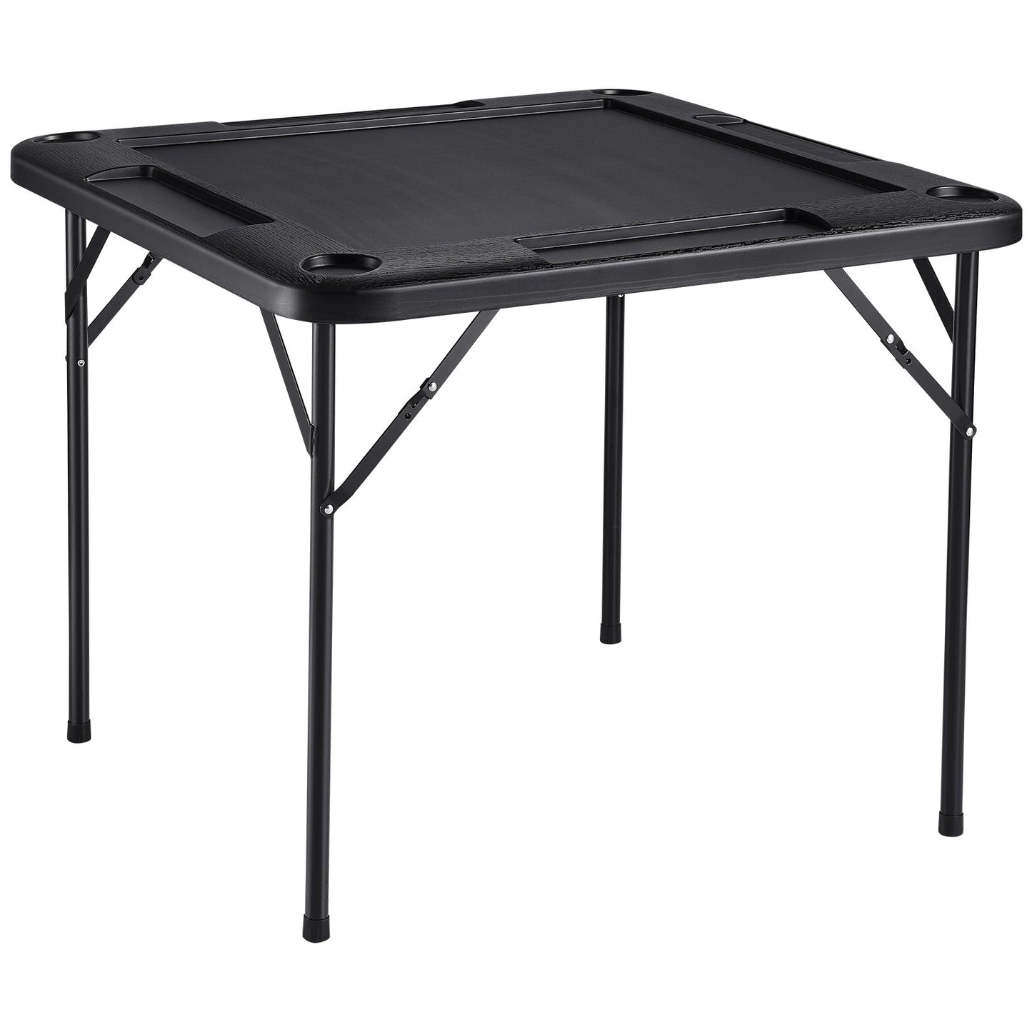Mahjong Table, Square Folding Card Table for 4 Players with 4 Cup Holders and 4 Chip Trays, Portable Domino Game Table with 1 Set of Dominoes for Mahjong Poke Puzzle, 35.4 x 35.4 inches, Black