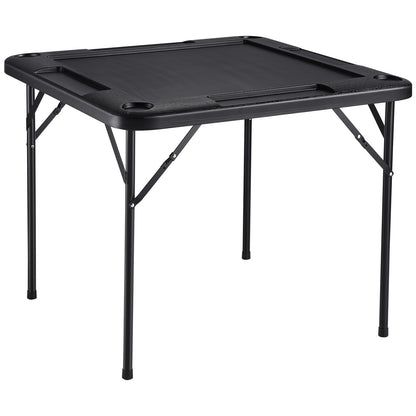 Mahjong Table, Square Folding Card Table for 4 Players with 4 Cup Holders and 4 Chip Trays, Portable Domino Game Table with 1 Set of Dominoes for Mahjong Poke Puzzle, 35.4 x 35.4 inches, Black