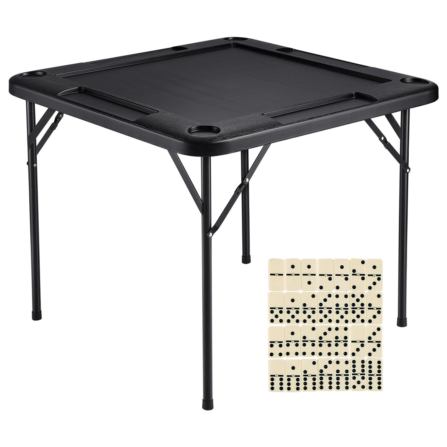 Mahjong Table, Square Folding Card Table for 4 Players with 4 Cup Holders and 4 Chip Trays, Portable Domino Game Table with 1 Set of Dominoes for Mahjong Poke Puzzle, 35.4 x 35.4 inches, Black