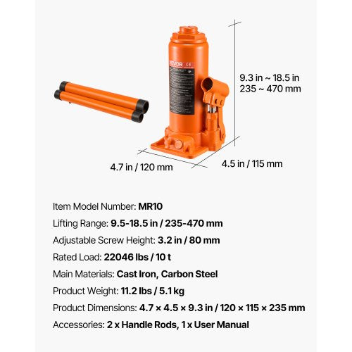 Hydraulic Bottle Jack High Lift Jack 10 Ton (22046 lbs) Car Repair | EU