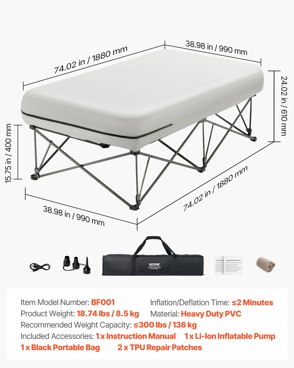 Air Mattress with Frame &amp; Pump 1 Person Blow Up Camping Mattress 300lbs