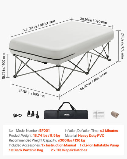 Air Mattress with Frame &amp; Pump 1 Person Blow Up Camping Mattress 300lbs