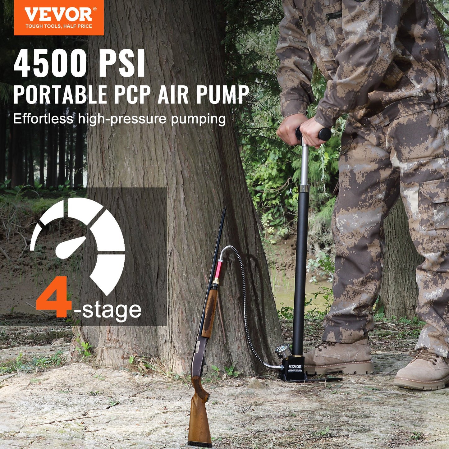 PCP-Handpumpe, 4-stufig, 30 MPa 4500 PSI Hochdruck-PCP-Luftgewehr-Füllklemmpumpe mit Öl-Feuchtigkeitsfilter-Druckmesser, Edelstahl zum Befüllen von Luftgewehr-Tauchflaschen, Paintball-Reifen