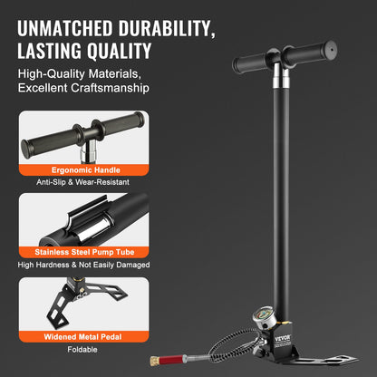 PCP-Handpumpe, 4-stufig, 30 MPa 4500 PSI Hochdruck-PCP-Luftgewehr-Füllklemmpumpe mit Öl-Feuchtigkeitsfilter-Druckmesser, Edelstahl zum Befüllen von Luftgewehr-Tauchflaschen, Paintball-Reifen
