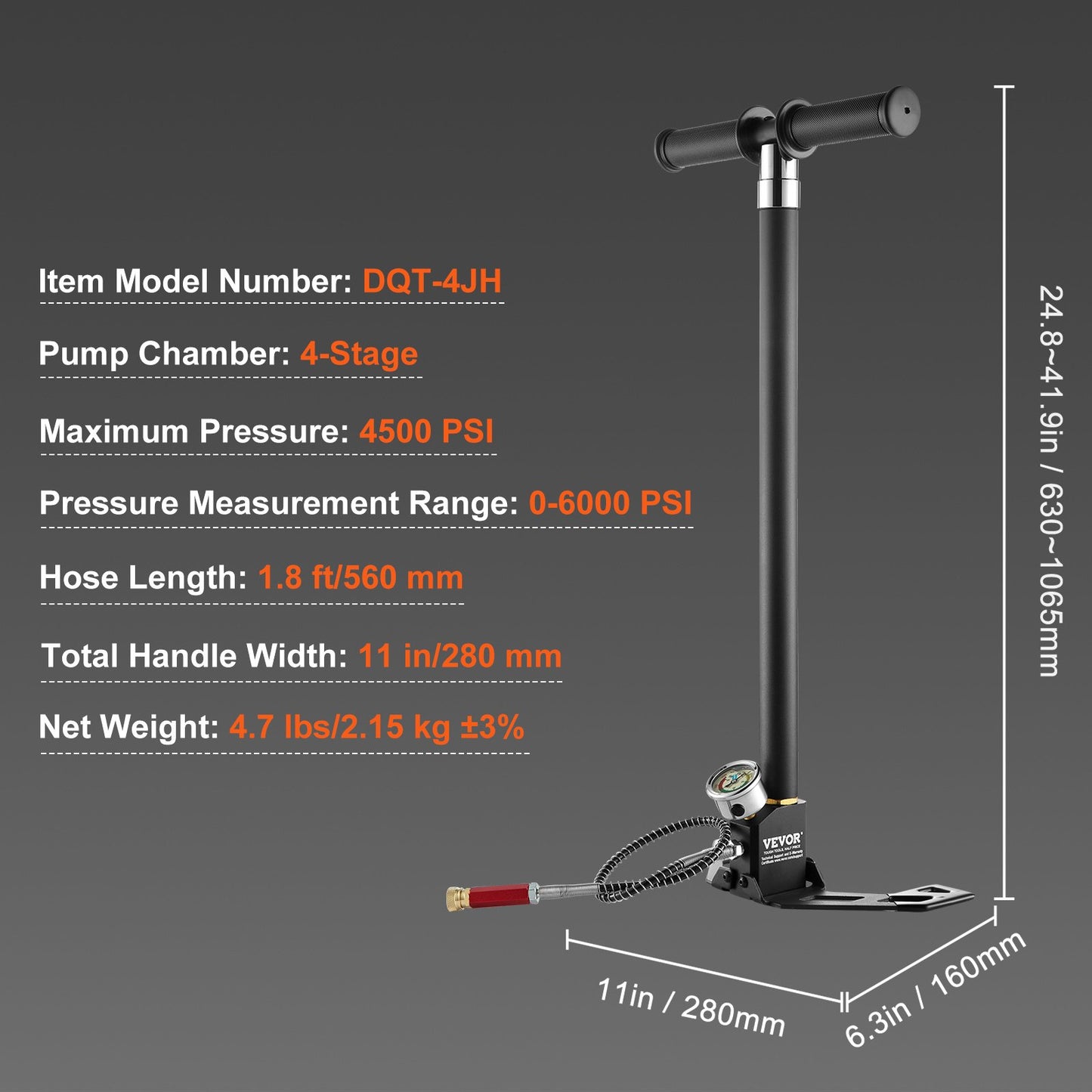 PCP-Handpumpe, 4-stufig, 30 MPa 4500 PSI Hochdruck-PCP-Luftgewehr-Füllklemmpumpe mit Öl-Feuchtigkeitsfilter-Druckmesser, Edelstahl zum Befüllen von Luftgewehr-Tauchflaschen, Paintball-Reifen