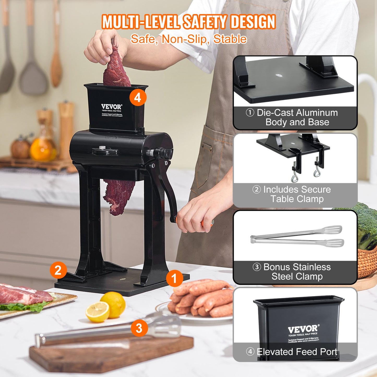 Commercial Meat Tenderizer, Heavy Duty Stainless Steel Meat Tenderizer, Quick and Easy Manual Kitchen Tool, 5.8" Feed Port for Beef, Turkey, Chicken, Pork, Steak and Fish