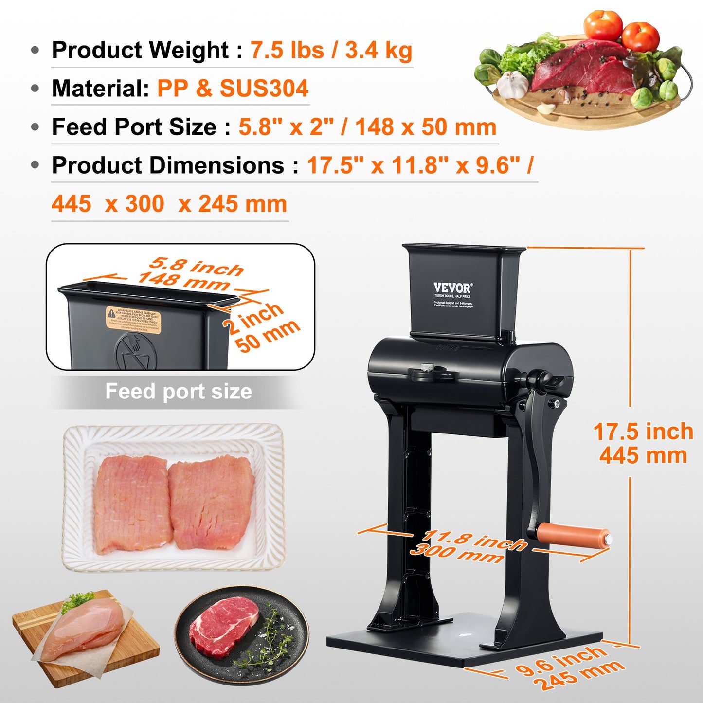 Commercial Meat Tenderizer, Heavy Duty Stainless Steel Meat Tenderizer, Quick and Easy Manual Kitchen Tool, 5.8" Feed Port for Beef, Turkey, Chicken, Pork, Steak and Fish