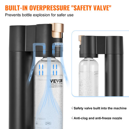 Kolsyrade vattenkokare, läskmaskin för hemkolsyra, Seltzer vattenstartsats med 2 BPA-fria 1L PET-flaskor, kompatibel med mainstream-inskruvad 60L CO2-cylinder (ingår INTE) Svart