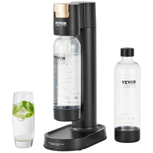 Kolsyrade vattenkokare, läskmaskin för hemkolsyra, Seltzer vattenstartsats med 2 BPA-fria 1L PET-flaskor, kompatibel med mainstream-inskruvad 60L CO2-cylinder (ingår INTE) Svart