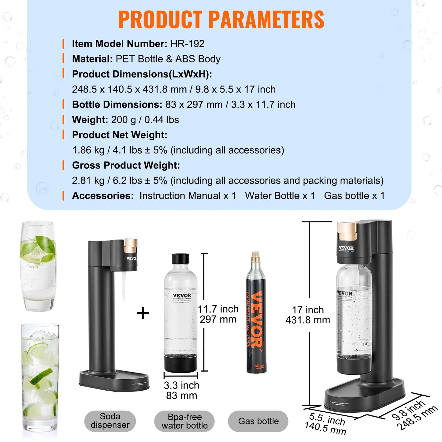 Sprudelwasserbereiter, Soda-Maschine zum Sprudeln zu Hause, Selterswasser-Starter-Set mit BPA-freier 1-Liter-PET-Flasche, CO2-Flasche, kompatibel mit herkömmlichen 60-Liter-CO2-Schraubflaschen