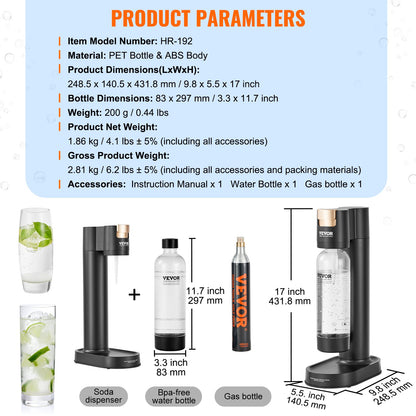 Sprudelwasserbereiter, Soda-Maschine zum Sprudeln zu Hause, Selterswasser-Starter-Set mit BPA-freier 1-Liter-PET-Flasche, CO2-Flasche, kompatibel mit herkömmlichen 60-Liter-CO2-Schraubflaschen