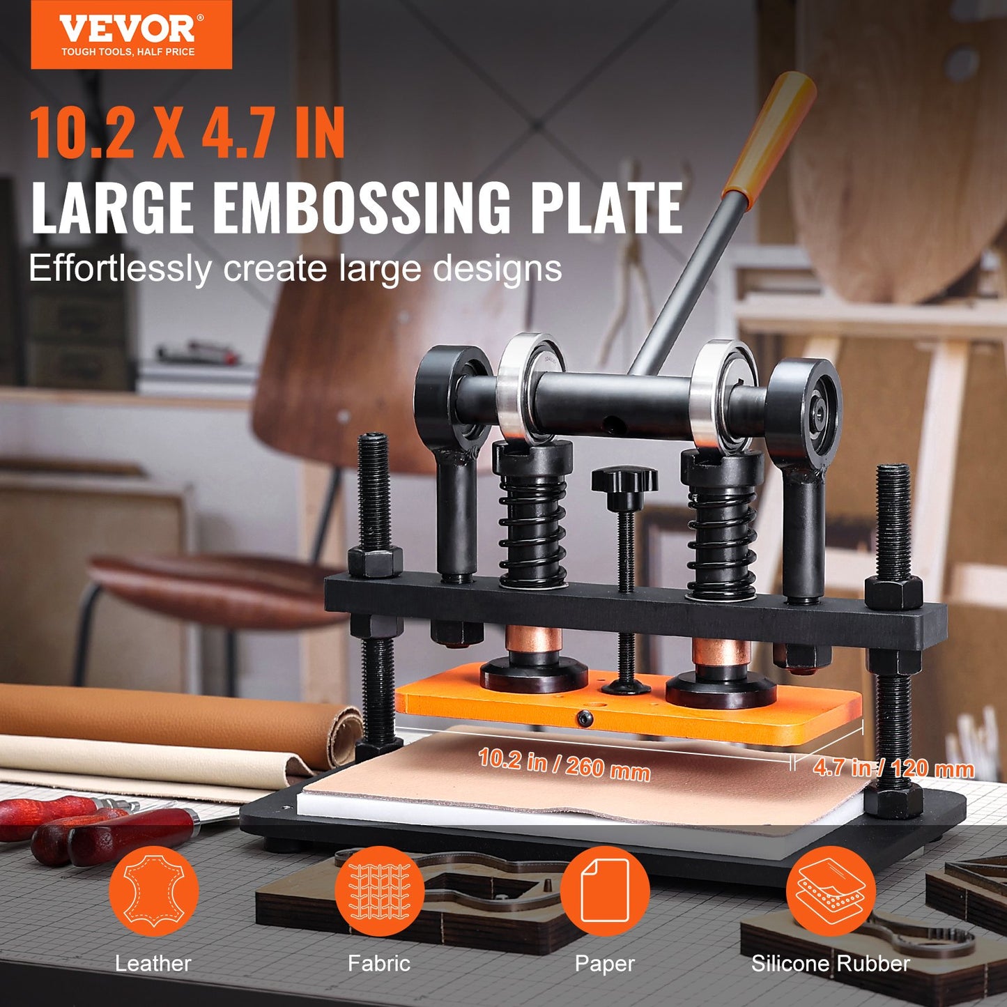 Lederschneidemaschine, 10,2 x 4,7 Zoll Prägeplatte Manueller Stanzer, 0,47 Zoll Druckschlag-Lederprägemaschine, Doppelführungswellen-Stanzmaschine für Verschiedene Materialien