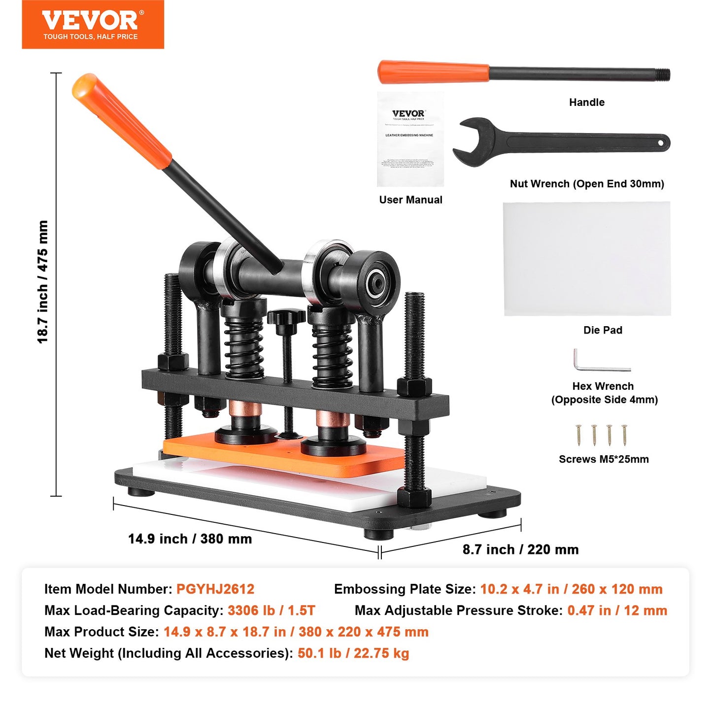 Lederschneidemaschine, 10,2 x 4,7 Zoll Prägeplatte Manueller Stanzer, 0,47 Zoll Druckschlag-Lederprägemaschine, Doppelführungswellen-Stanzmaschine für Verschiedene Materialien