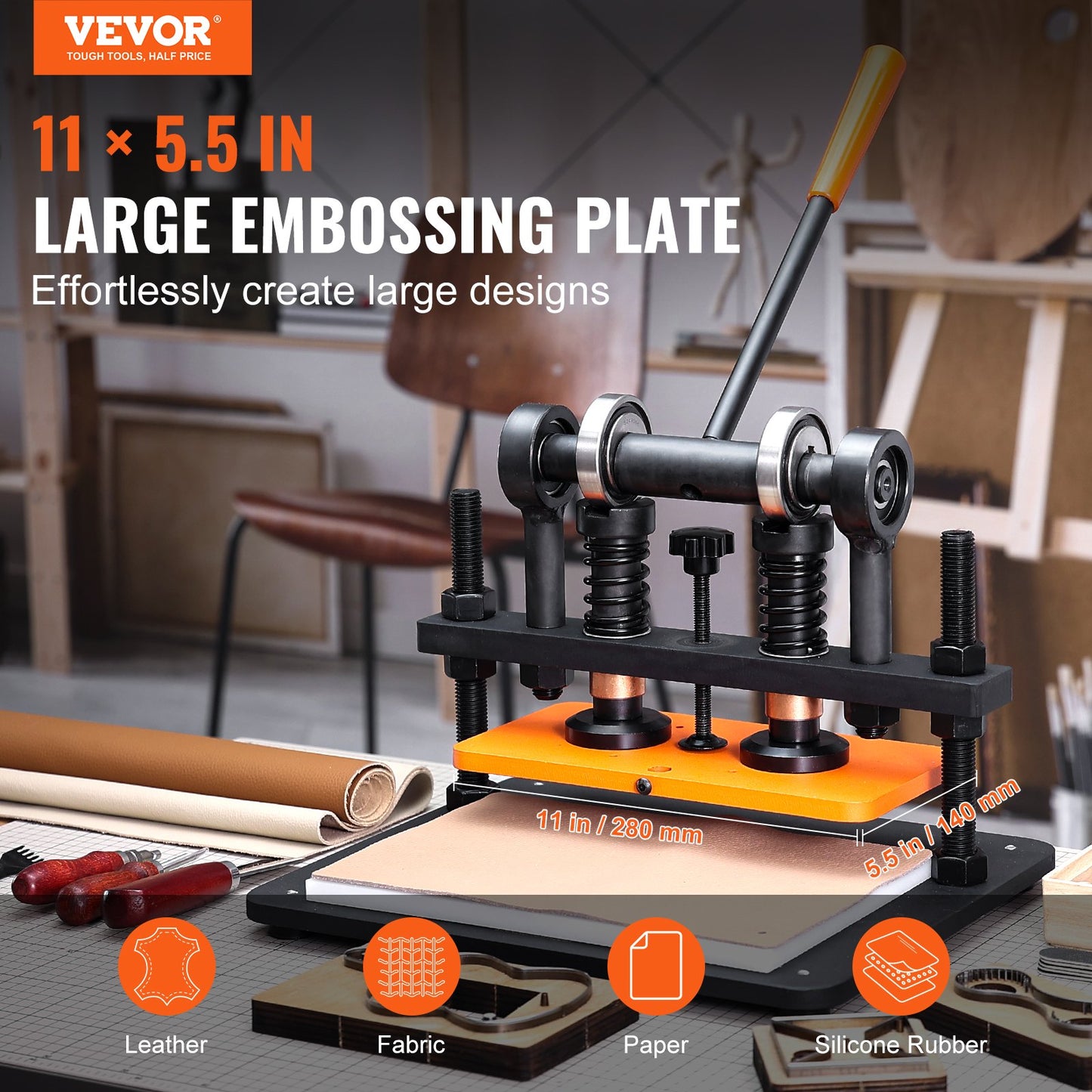 Leather Cutting Machine, 11 x 5.5 Inch Embossing Plate Manual Puncher, 0.47 Inch Pressure Impact Leather Embossing Machine, Double Guide Shaft Punching Machine for Various Materials