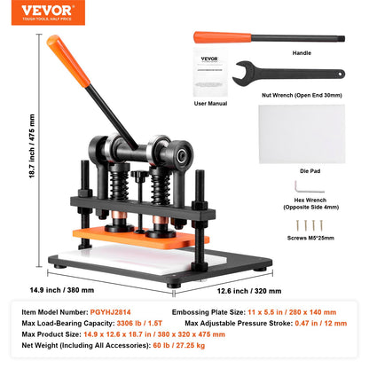 Leather Cutting Machine, 11 x 5.5 Inch Embossing Plate Manual Puncher, 0.47 Inch Pressure Impact Leather Embossing Machine, Double Guide Shaft Punching Machine for Various Materials