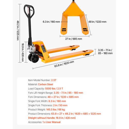 Palltruck, 2,5 ton lastkapacitet, manuell palltruck med gafflar på 122 l x 68,6 b cm för materialhantering, lyfthöjd 85–180 mm, lämplig för lager, stormarknad, tillverkning |  EU