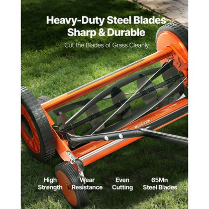 18" push-wheel lawn mower, 5-blade grass collector, adjustable height and 4 wheels