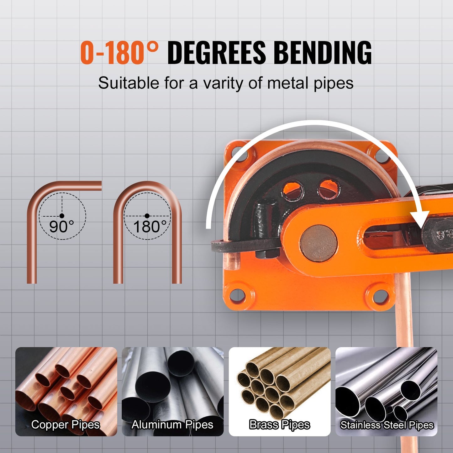 Pipe Tube Bender, 3/8" to 1" OD Manual Pipe Tube Bender with 7 Bending Nozzles, 180° Copper Aluminum Pipe Bending Tool for Plumbing Air Conditioner Refrigerator Car Repair