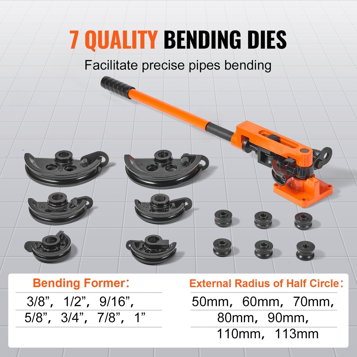 Pipe Tube Bender, 3/8" to 1" OD Manual Pipe Tube Bender with 7 Bending Nozzles, 180° Copper Aluminum Pipe Bending Tool for Plumbing Air Conditioner Refrigerator Car Repair