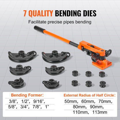 Pipe Tube Bender, 3/8" to 1" OD Manual Pipe Tube Bender with 7 Bending Nozzles, 180° Copper Aluminum Pipe Bending Tool for Plumbing Air Conditioner Refrigerator Car Repair