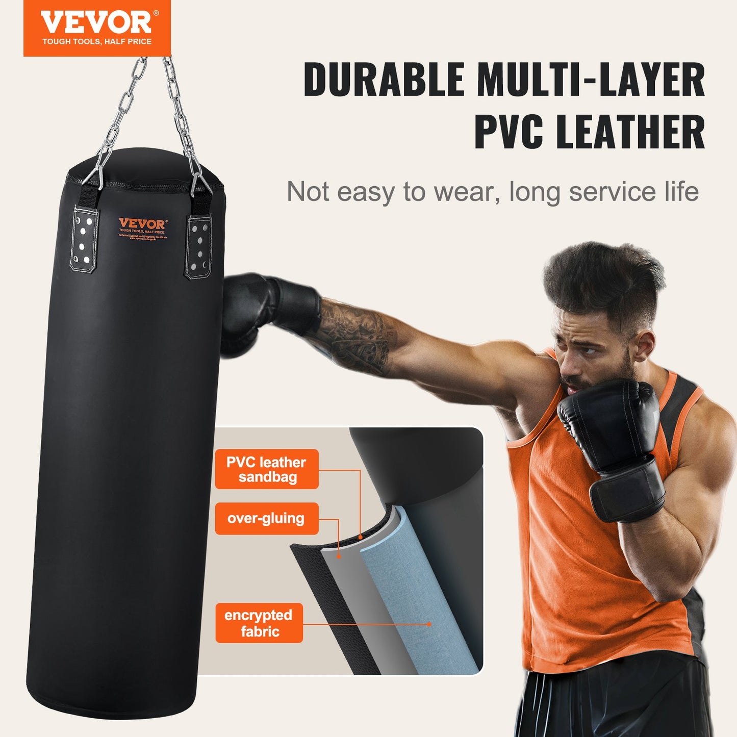 Boxningssäck för vuxna, 121,9 cm PVC tung boxningspåsset, boxningssäck med kedjor och handskar, hängande boxningsväska för MMA Karate Judo, Muay Thai kickboxning, boxning hemma, (ofylld)