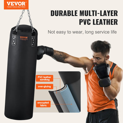 Boxningssäck för vuxna, 121,9 cm PVC tung boxningspåsset, boxningssäck med kedjor och handskar, hängande boxningsväska för MMA Karate Judo, Muay Thai kickboxning, boxning hemma, (ofylld)