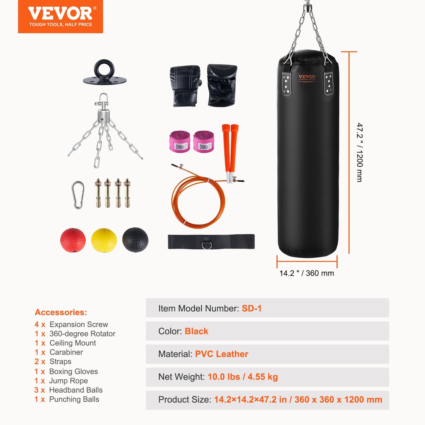 Boxningssäck för vuxna, 121,9 cm PVC tung boxningspåsset, boxningssäck med kedjor och handskar, hängande boxningsväska för MMA Karate Judo, Muay Thai kickboxning, boxning hemma, (ofylld)