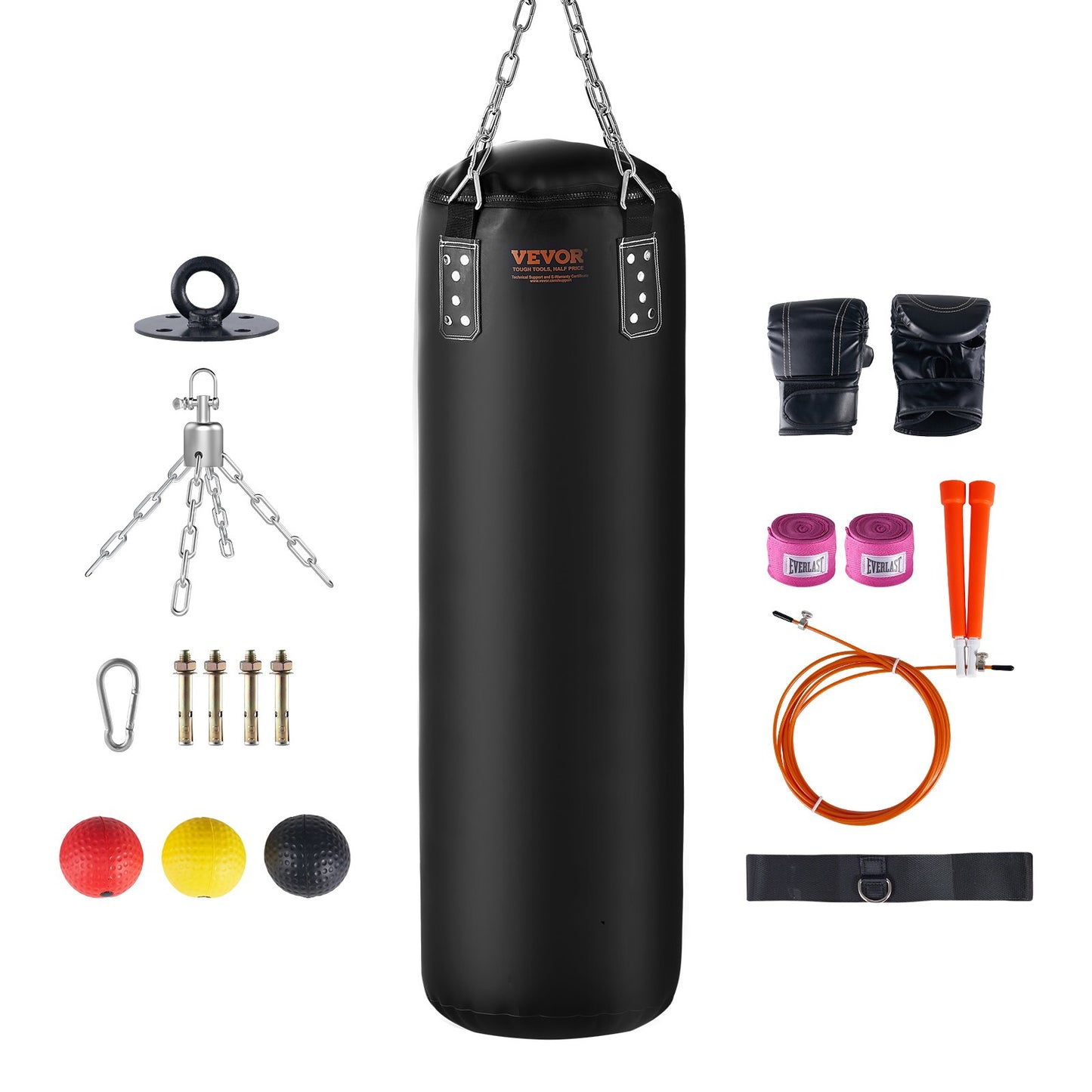 Boxningssäck för vuxna, 121,9 cm PVC tung boxningspåsset, boxningssäck med kedjor och handskar, hängande boxningsväska för MMA Karate Judo, Muay Thai kickboxning, boxning hemma, (ofylld)