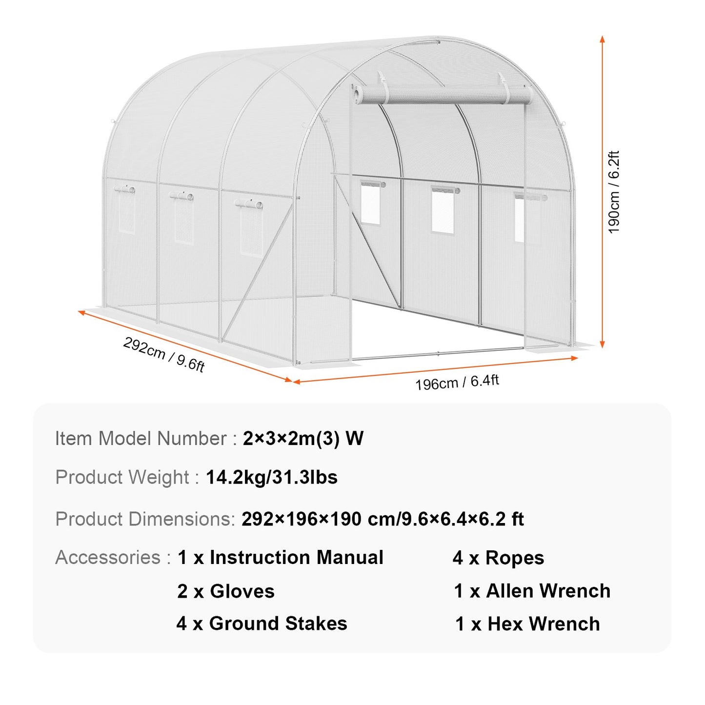 Walk-in Tunnel Växthus 9,58x6,43x6,23 fot galvaniserad ram PE Cover Vit