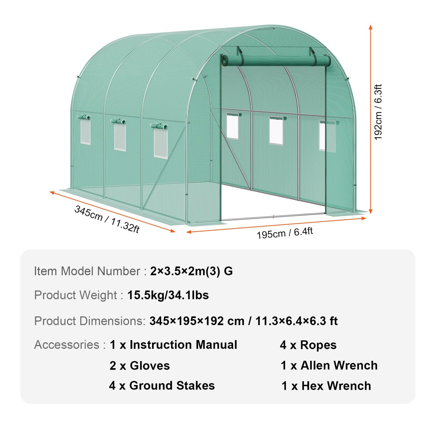 Walk-in Tunnel Växthus 11,32x6,4x6,3ft galvaniserad ram PE Cover Grön