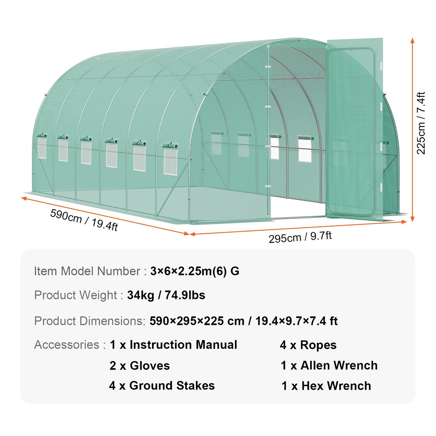 Begehbares Tunnelgewächshaus 19.36x9.68x7.4ft Verzinkter Rahmen PE-Abdeckung Grün
