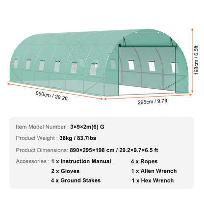 Begehbares Tunnelgewächshaus 29,2x9,7x6,5 ft Verzinkter Rahmen PE-Abdeckung Grün