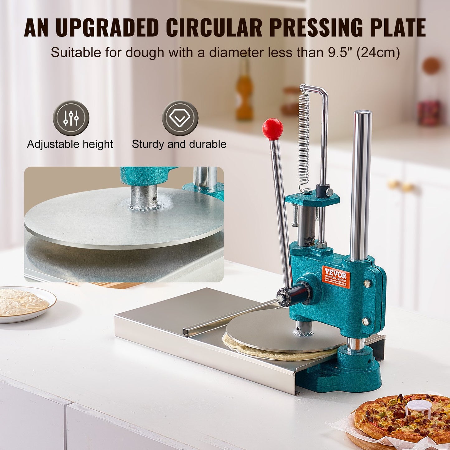 Manuell pizzadegpressmaskin, 9,5 tum/24 cm hushållspizzabakelse, pizzapressare i rostfritt stål, kommersiell chapati-plåt för pizzapress, höjdjusterbar pizzaformningsmaskin