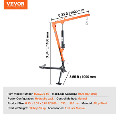 Hydraulic pickup, crane lifting crane 1000 lbs 360° swivel lift lift
