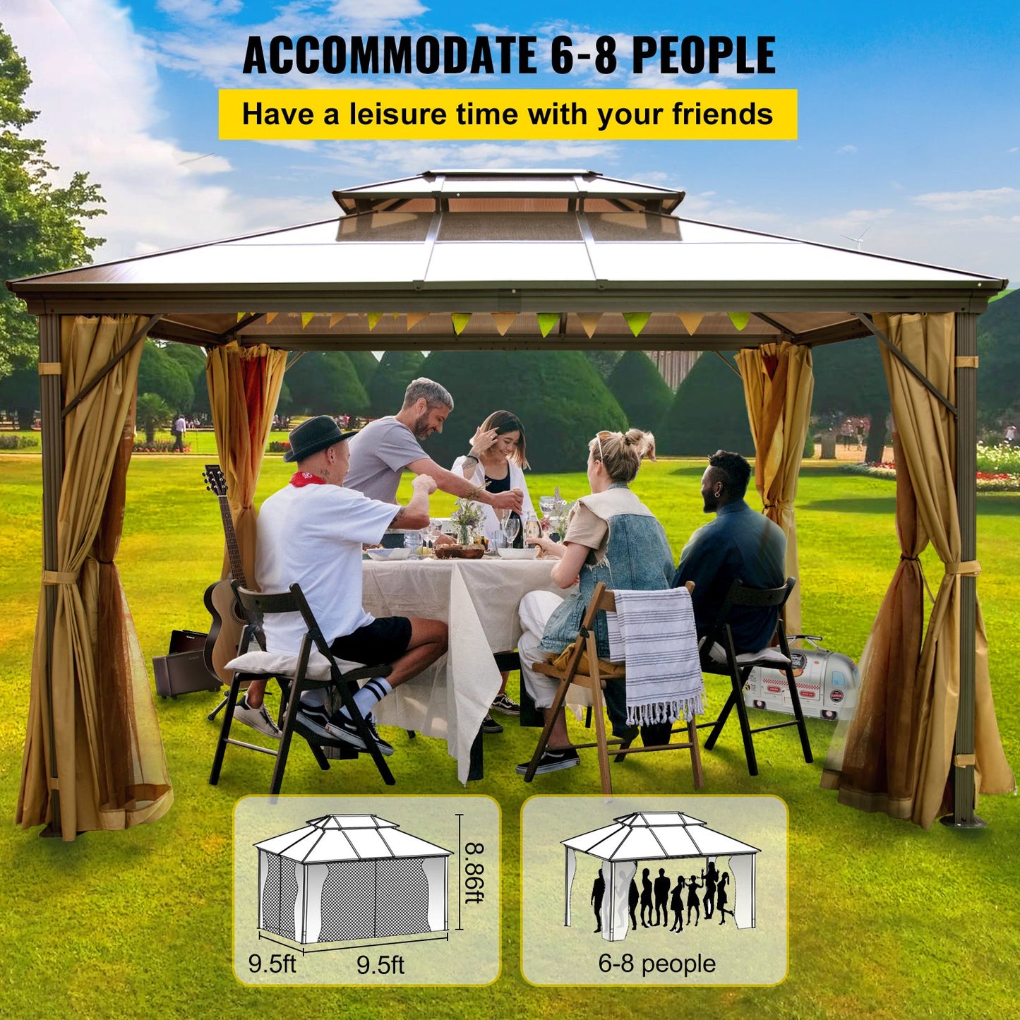 Uteplats Gazebo 10x10ft Hardtop Gazebo Gazebo med myggnät Utomhus Gazebo Uteplats Tält Trädgård Vindar Ersättande Baldakin Dubbla Tak Lusthus För uteplatser Trädgård Hem Gräsmatta Brun