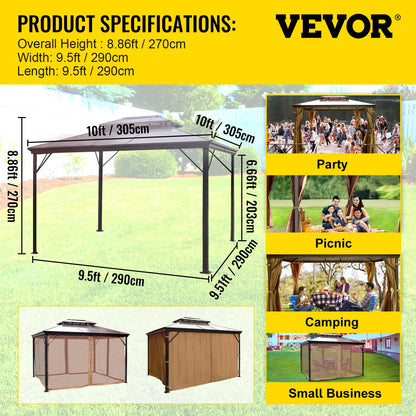 Uteplats Gazebo 10x10ft Hardtop Gazebo Gazebo med myggnät Utomhus Gazebo Uteplats Tält Trädgård Vindar Ersättande Baldakin Dubbla Tak Lusthus För uteplatser Trädgård Hem Gräsmatta Brun