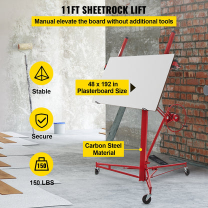 Drywall Rolling Lifter Panel, 11ft Sheetrock Lift Drywall Lift, 150lb Viktkapacitet Panel Hiss Jack Tool, stålmaterial med teleskoparm och 3 låsbara hjul, 48x192 i gipsskiva storlek