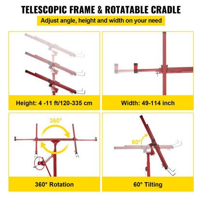 Drywall Rolling Lifter Panel, 11ft Sheetrock Lift Drywall Lift, 150lb Viktkapacitet Panel Hiss Jack Tool, stålmaterial med teleskoparm och 3 låsbara hjul, 48x192 i gipsskiva storlek