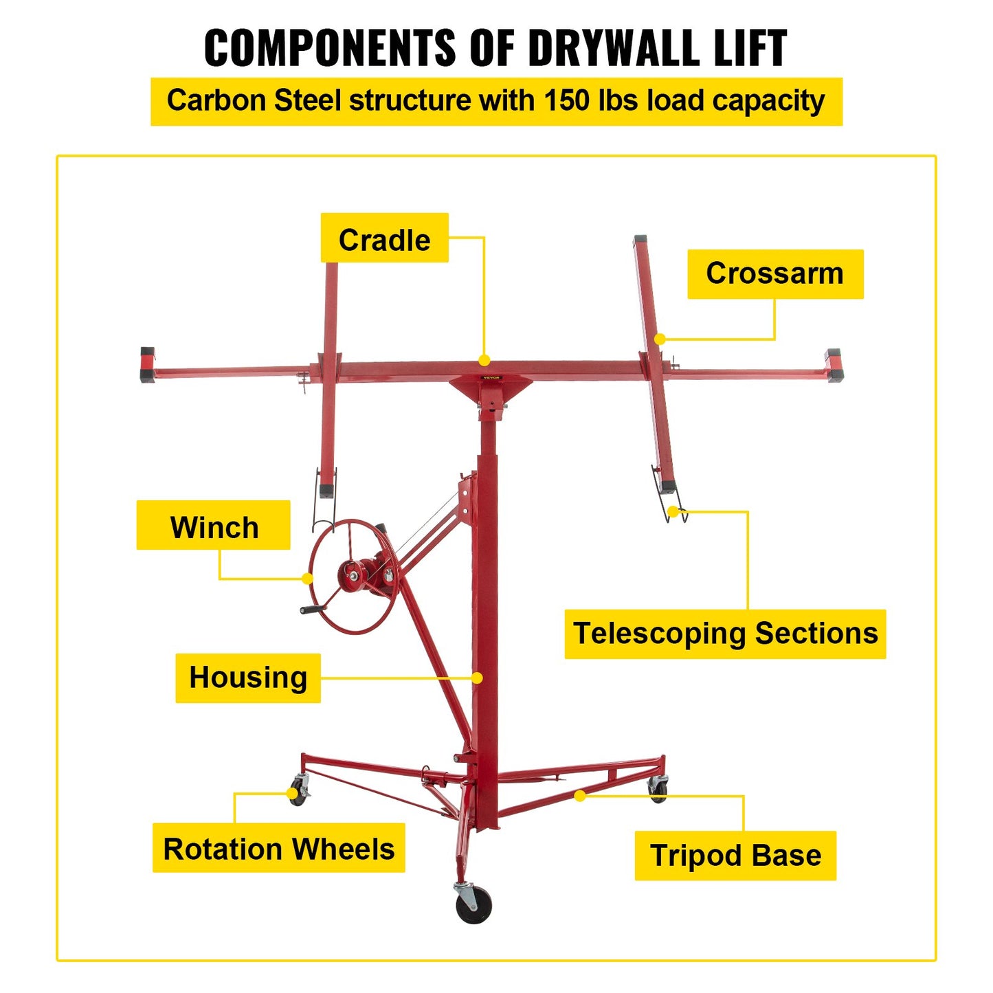 Drywall Rolling Lifter Panel, 11ft Sheetrock Lift Drywall Lift, 150lb Viktkapacitet Panel Hiss Jack Tool, stålmaterial med teleskoparm och 3 låsbara hjul, 48x192 i gipsskiva storlek