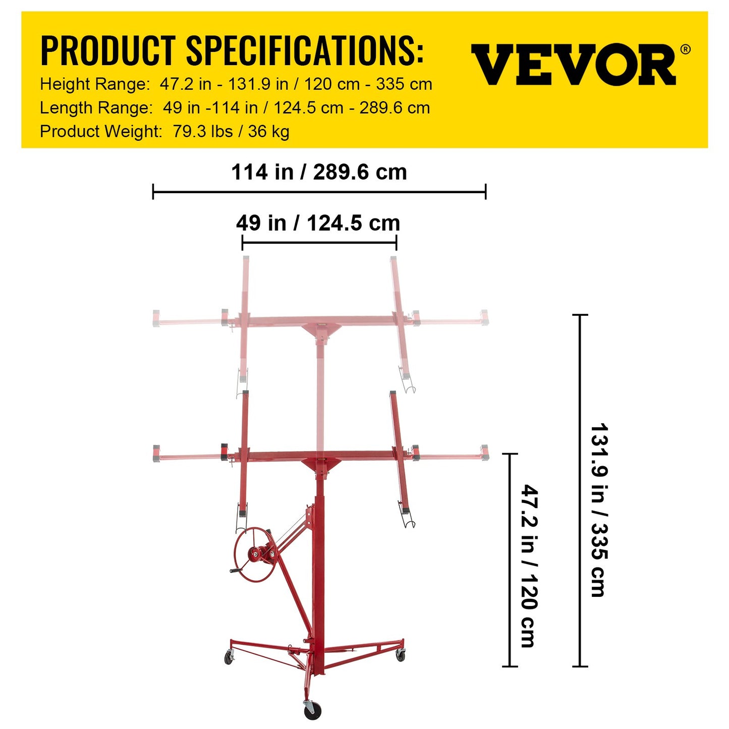 Drywall Rolling Lifter Panel, 11ft Sheetrock Lift Drywall Lift, 150lb Viktkapacitet Panel Hiss Jack Tool, stålmaterial med teleskoparm och 3 låsbara hjul, 48x192 i gipsskiva storlek