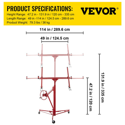 Drywall Rolling Lifter Panel, 11ft Sheetrock Lift Drywall Lift, 150lb Viktkapacitet Panel Hiss Jack Tool, stålmaterial med teleskoparm och 3 låsbara hjul, 48x192 i gipsskiva storlek