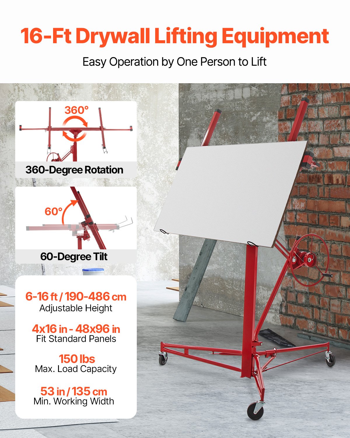 Drywall Rolling Lifter Panel, 16ft Sheetrock Lift Drywall Lift, 150lb Viktkapacitet Panel Hiss Jack Tool, stålmaterial med teleskoparm och 3 låsbara hjul, 48x192 i gipsskiva storlek