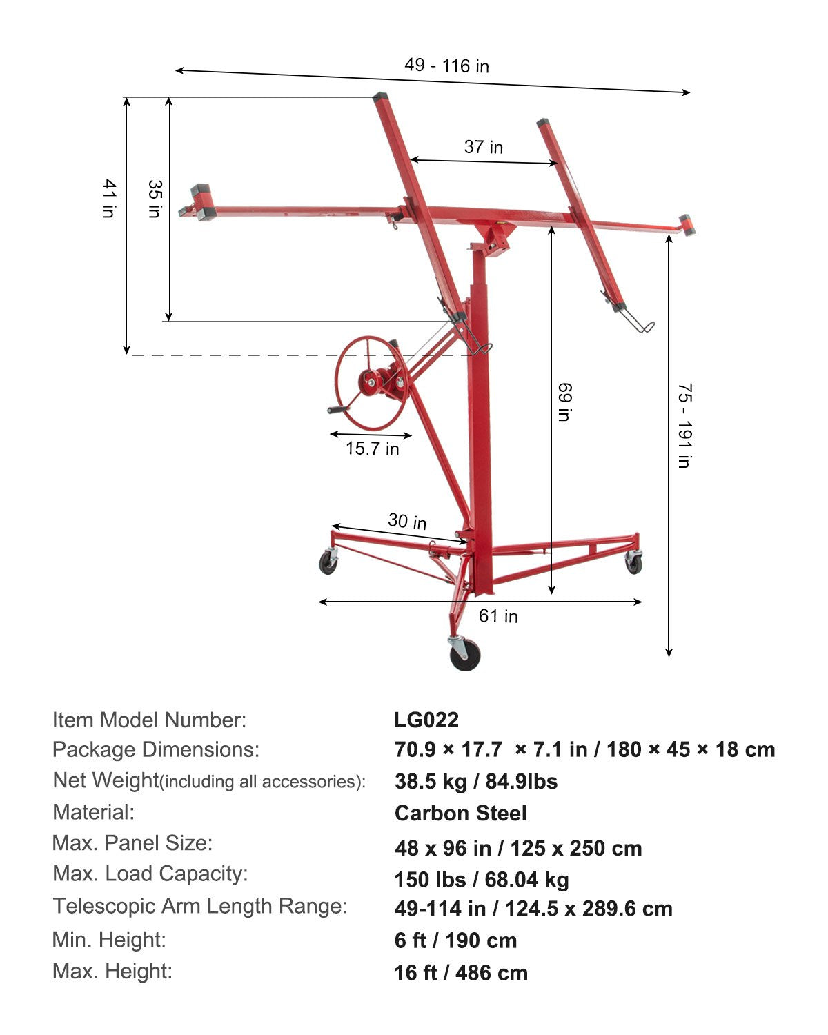 Drywall Rolling Lifter Panel, 16ft Sheetrock Lift Drywall Lift, 150lb Viktkapacitet Panel Hiss Jack Tool, stålmaterial med teleskoparm och 3 låsbara hjul, 48x192 i gipsskiva storlek