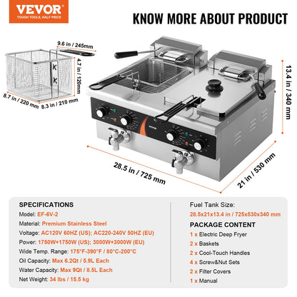 Commercial Electric Deep Fryer Countertop Fryer 3000W Double Tank 2x9Qt/8.5L