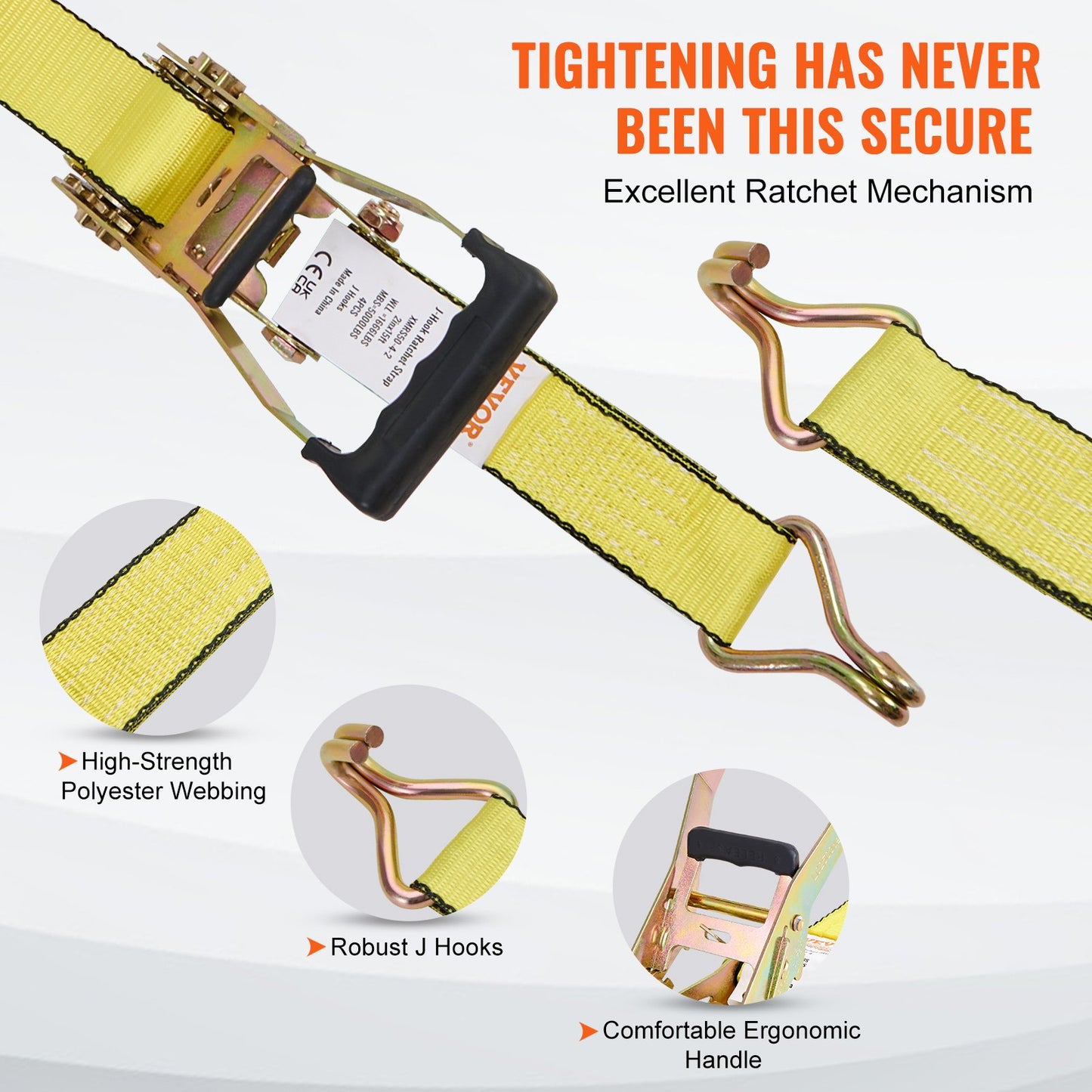 Ratchet Tie Down Straps (4PK), 5000 lb Breaking Strength, Double J-Hook Includes 4 Premium 2" x 15" Ratchet Tie Downs with Padded Handles, for Moving Load Securing, Appliances, Lawn Equipment