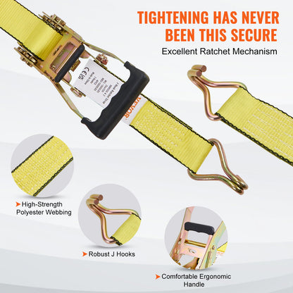 Ratchet Tie Down Straps (4PK), 5000 lb Breaking Strength, Double J-Hook Includes 4 Premium 2" x 15" Ratchet Tie Downs with Padded Handles, for Moving Load Securing, Appliances, Lawn Equipment